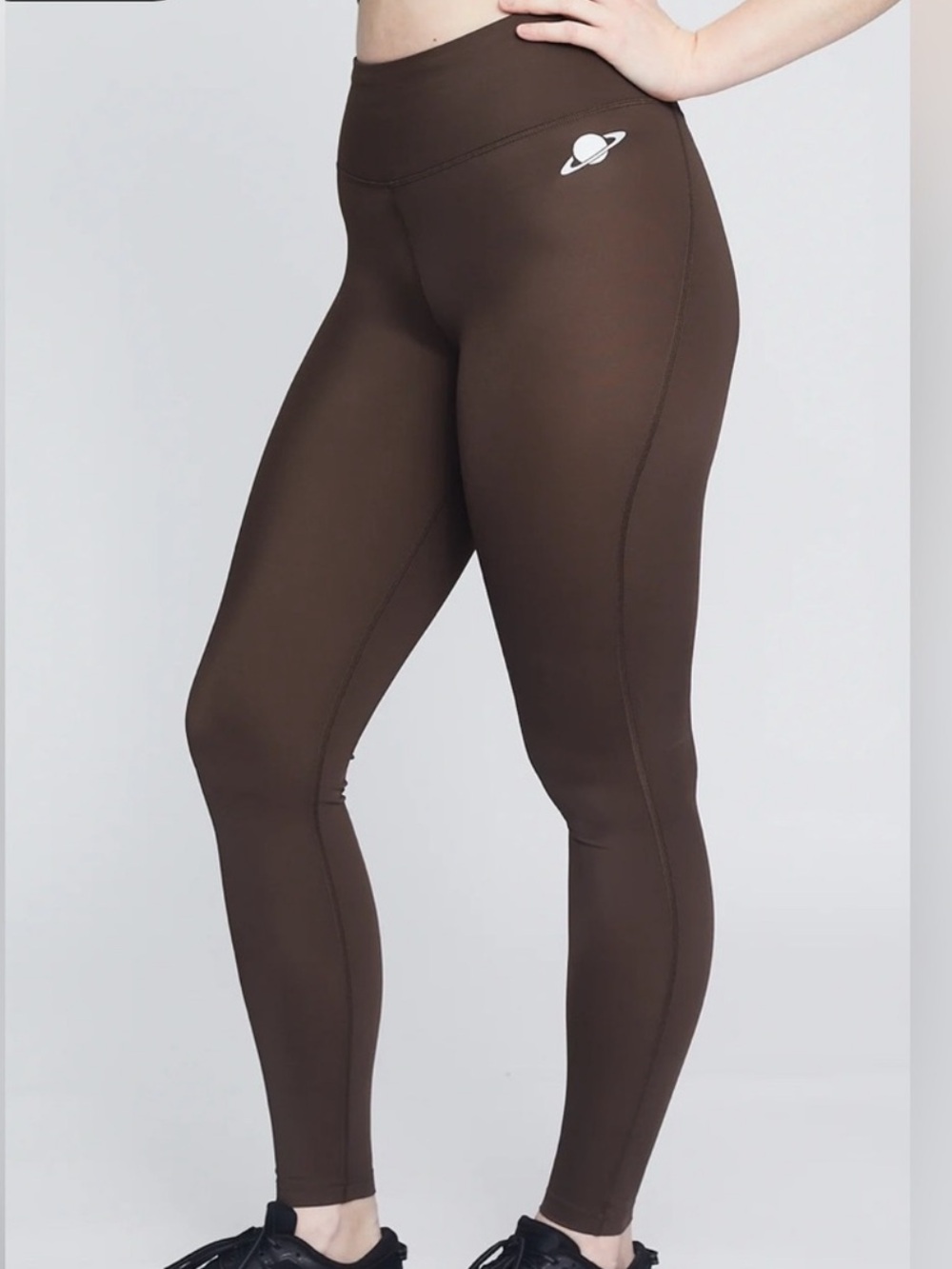 Women's High-Waist Brown Leggings with Planet Logo